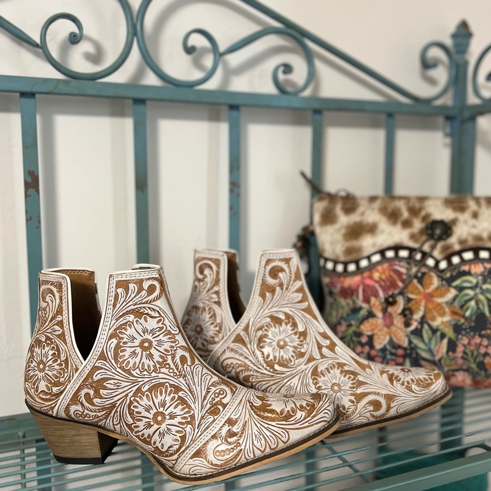 Myra Bag White and Tan Floral Tooled Ankle Boots
